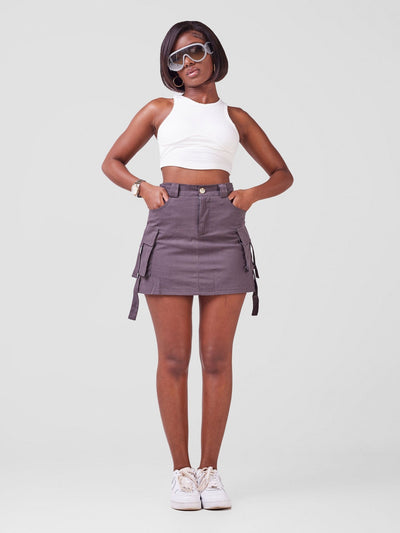 Anika Cargo Skirt With Dynamic Double Pockets & Hanging Straps - Grey - Shopzetu