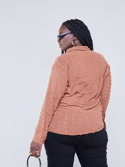 Alara Brown Swiss Dot Textured Plus Size Shirt - Brown - Shopzetu