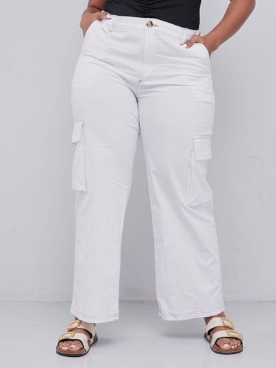 Lola White Wide Leg Flap Pocket Cargo Pants - White - Shopzetu