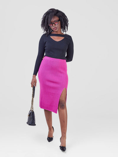 Anika Knitted Front Slit Pencil Skirt - Pink - Shopzetu