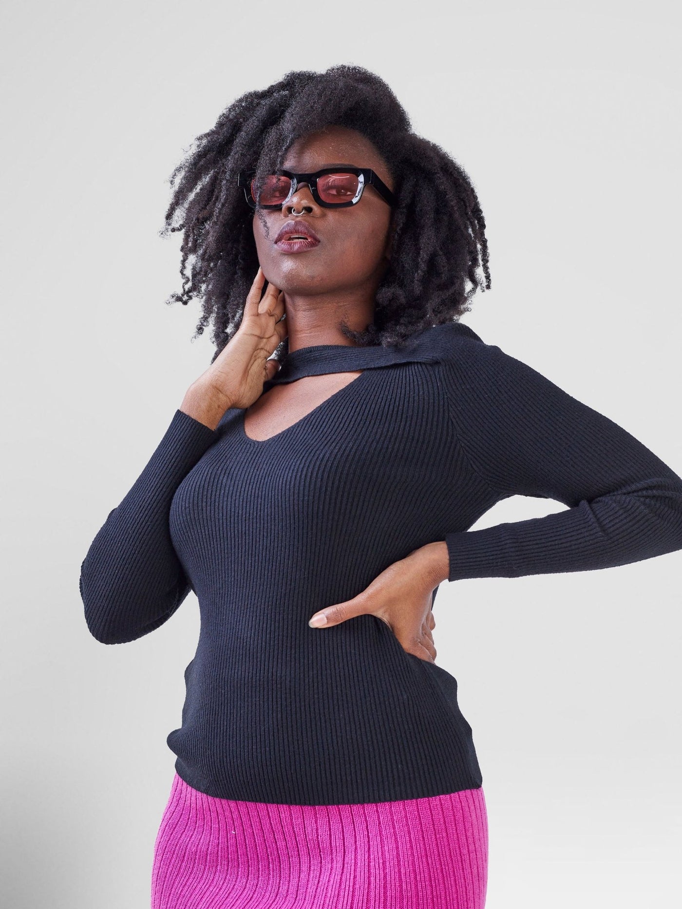 Anika V-Neck With A Front Neck Design Knitted Sweater - Black - Shopzetu