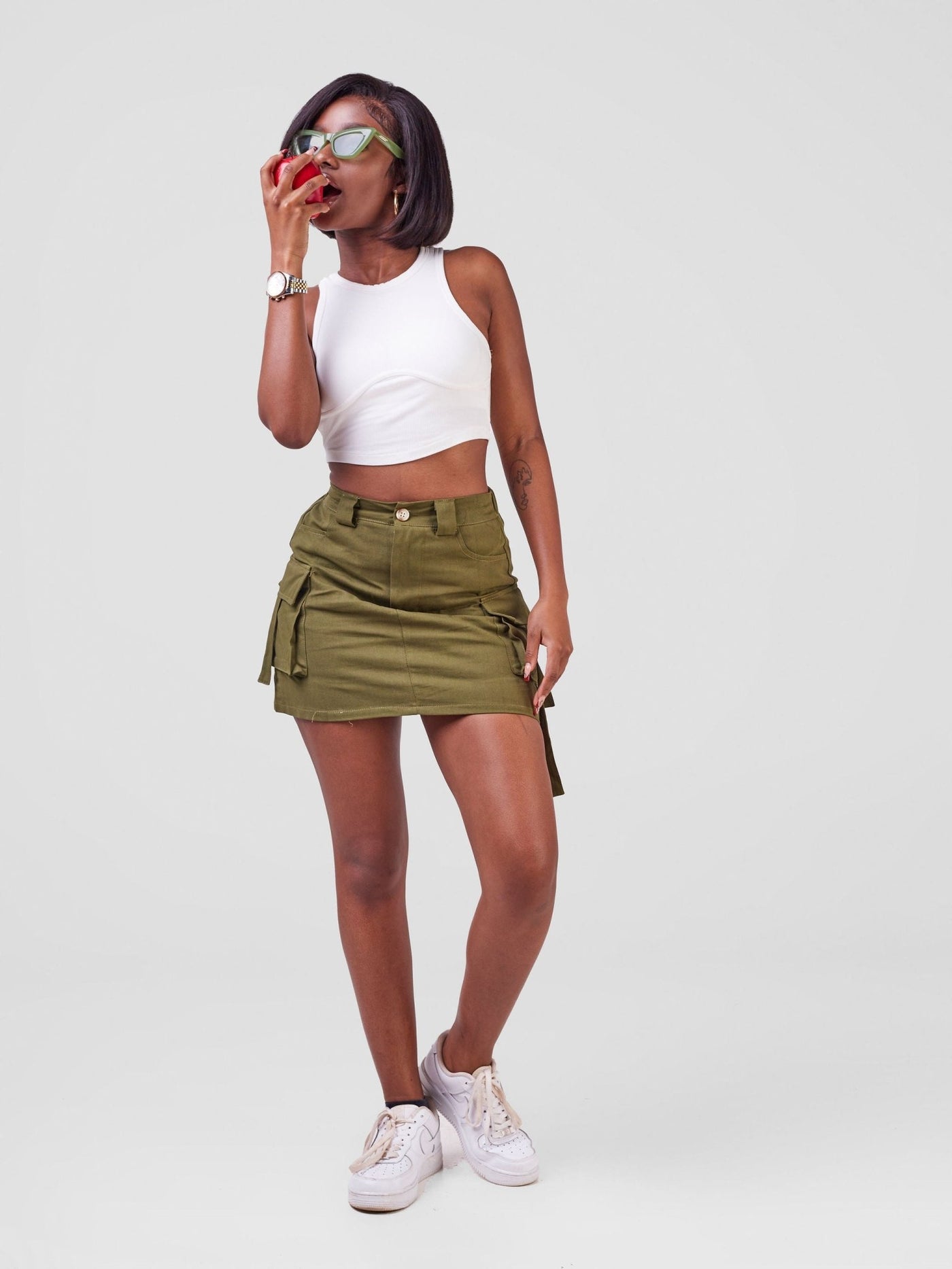 Anika Cargo Skirt With Dynamic Double Pockets & Hanging Straps - Army Green - Shopzetu