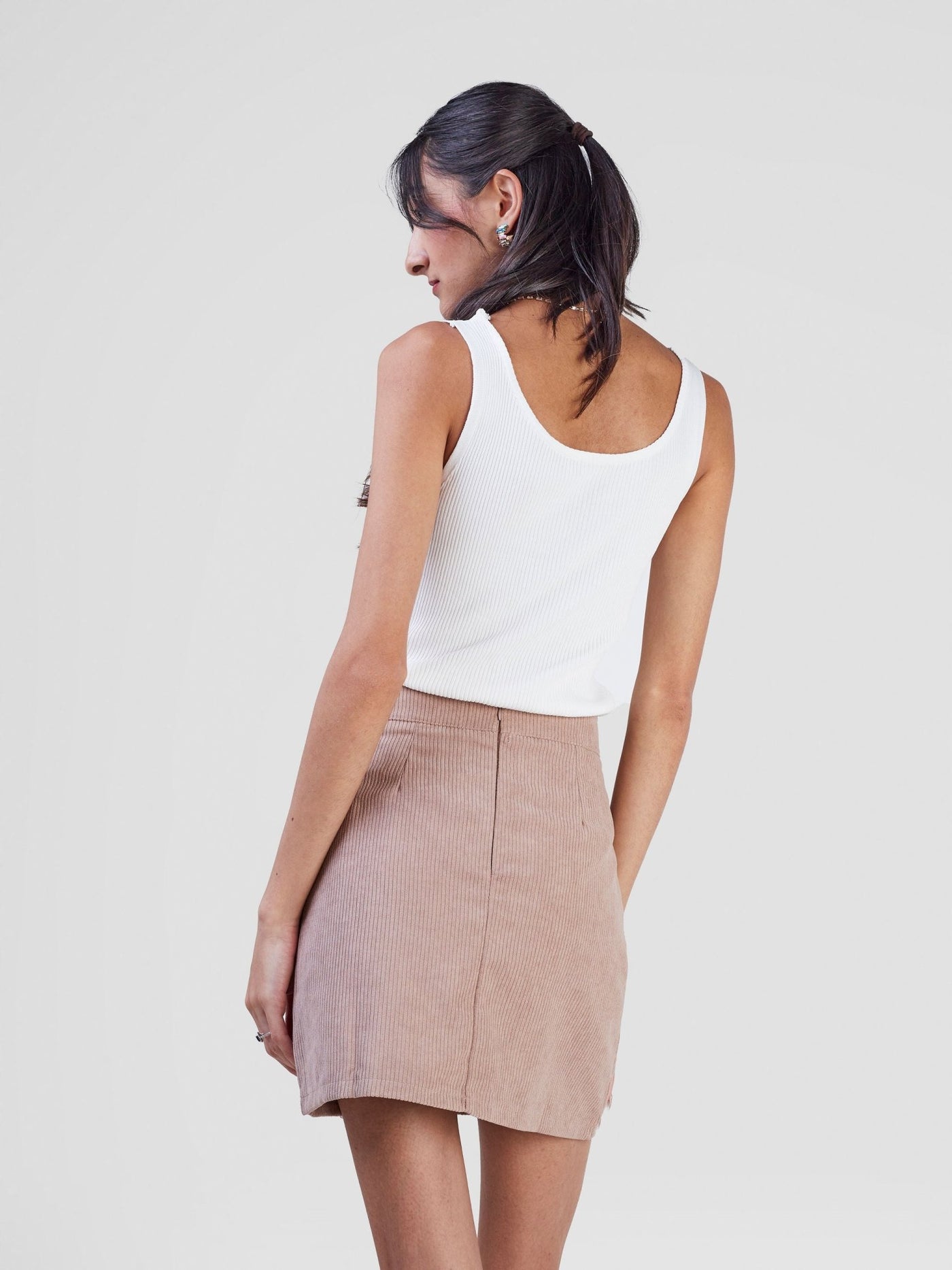 Anika Corduroy Side Slit Mini Skirt - Beige - Shopzetu