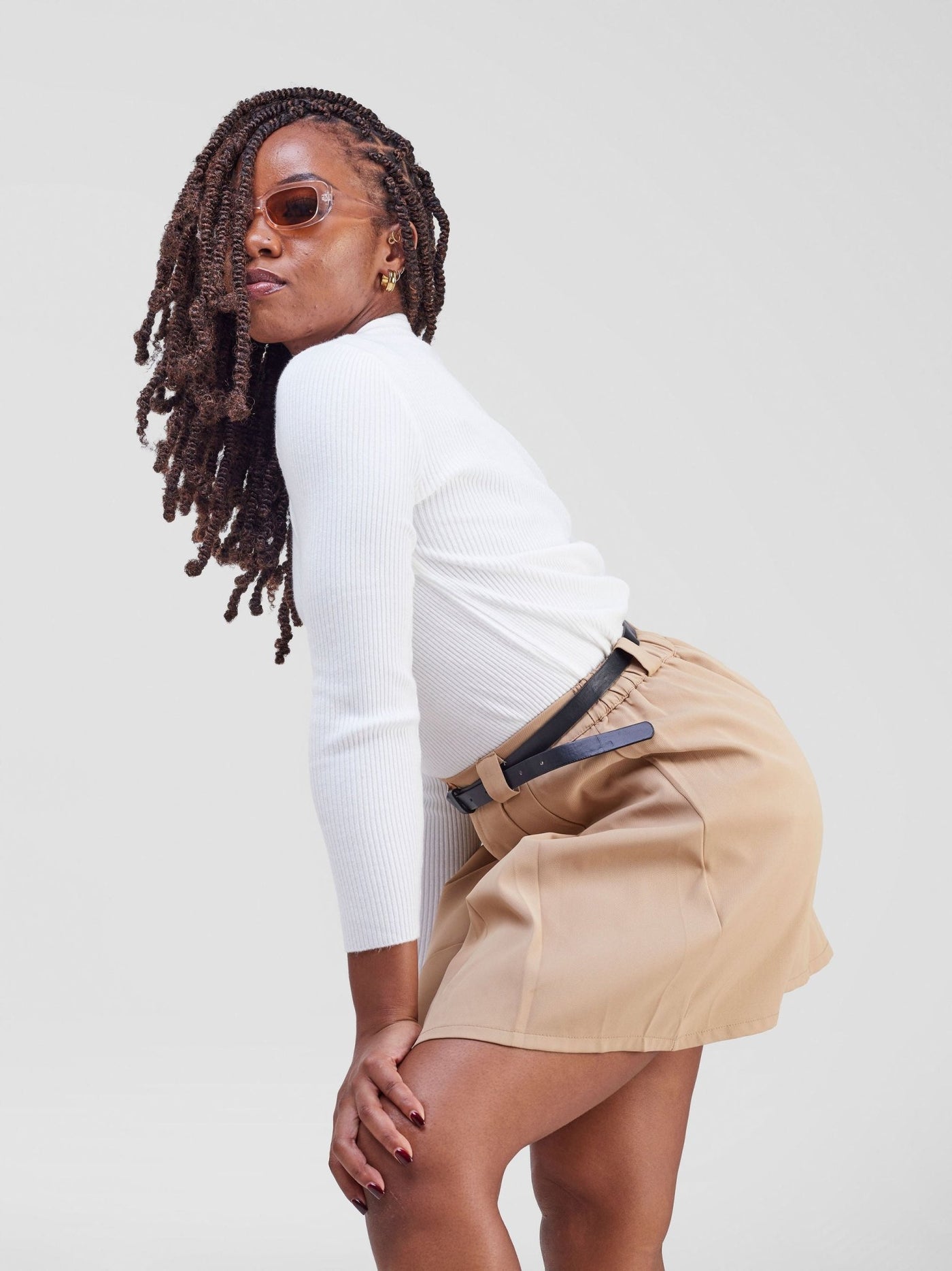 Anika Belted Pleated Skirt - Light Brown - Shopzetu