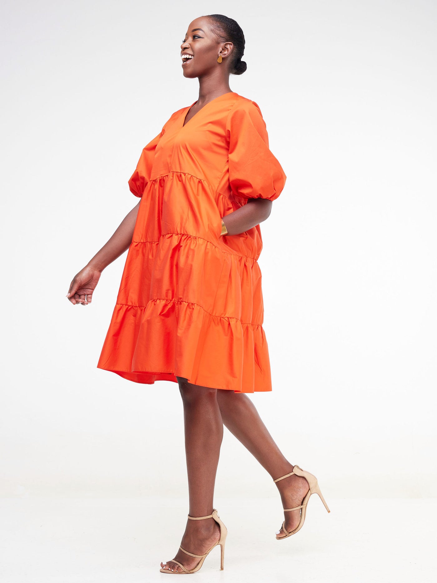 Safari Tawi Bishop Sleeve Tiered Dress - Orange