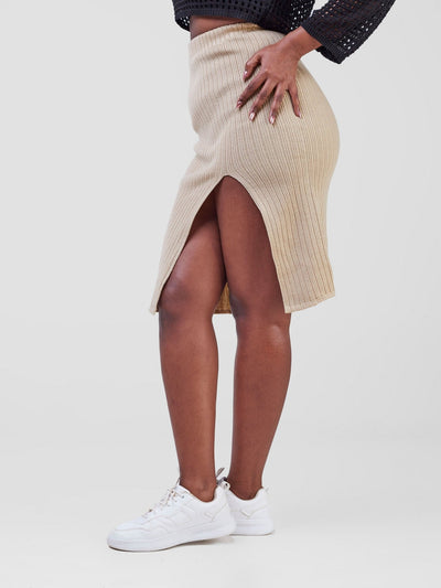 Anika Knitted Front Slit Pencil Skirt - Beige - Shopzetu
