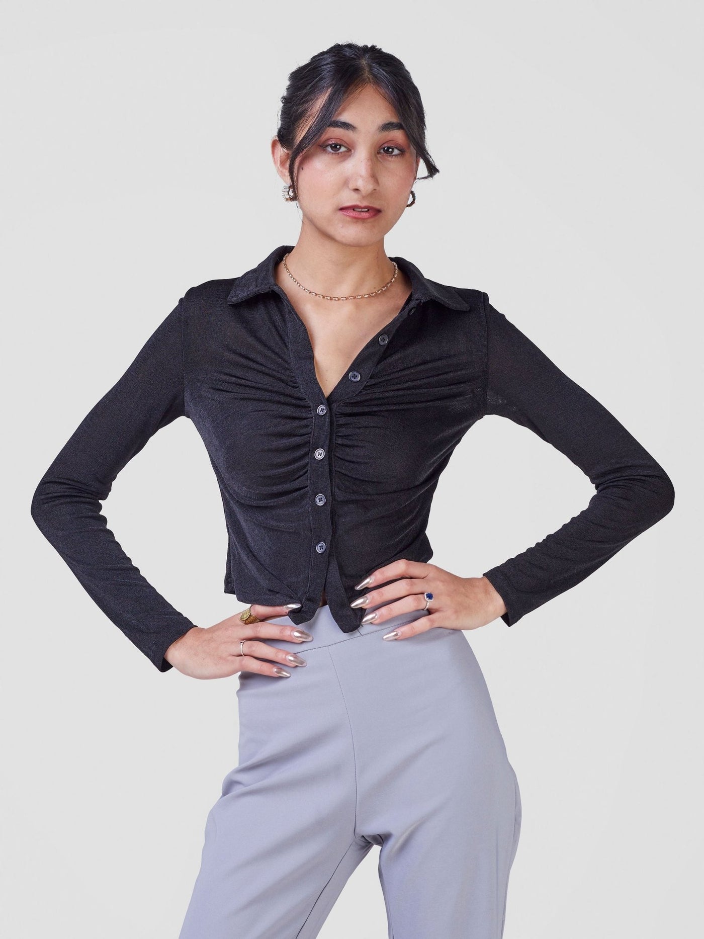 Anika Cropped Ruched Long Sleeve Blouse - Black - Shopzetu