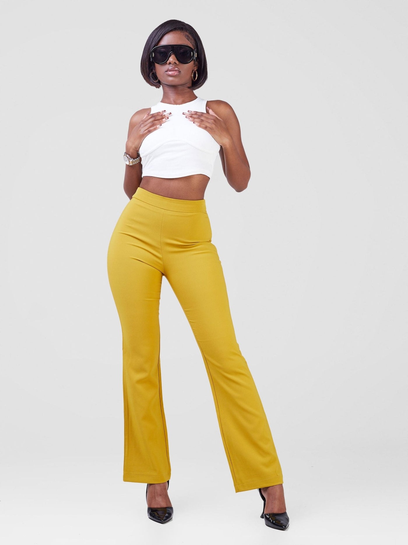 Anika Boot-Cut Dress Pants With Zipper on the Side - Mustard - Shopzetu