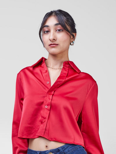 Lola Crop Satin Shirt - Red - Shopzetu