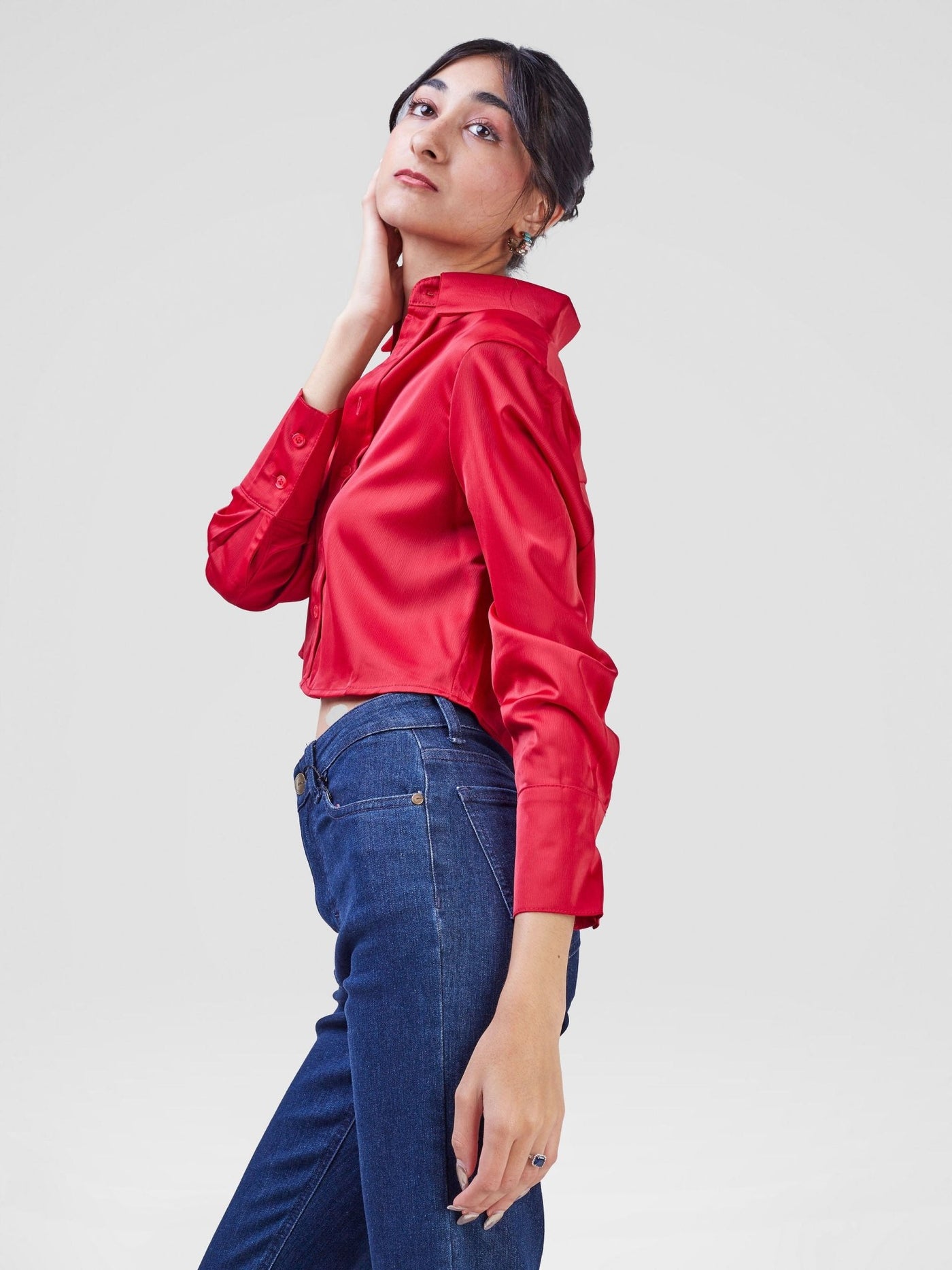 Lola Crop Satin Shirt - Red - Shopzetu
