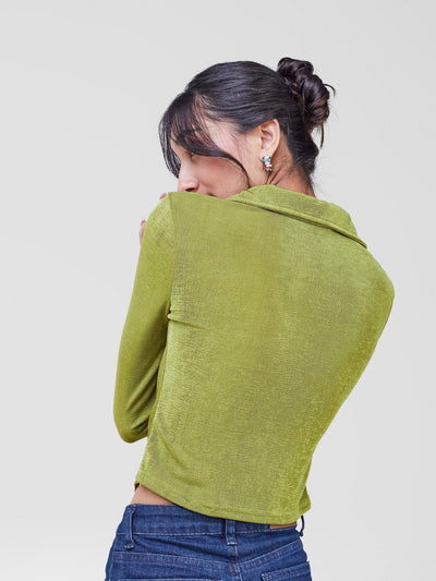 Anika Cropped Ruched Long Sleeve Blouse - Green - Shopzetu