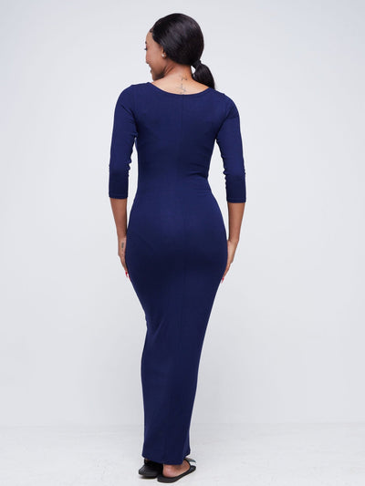 Vivo Bana Front Knot 3/4 Sleeve Maxi Dress - Navy Blue - Shopzetu