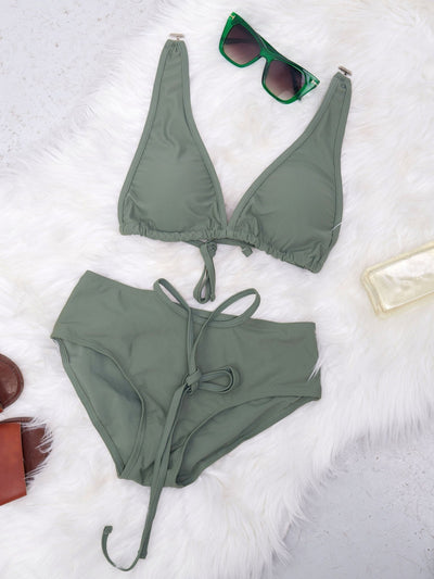 Sayuri Plain Key-hole Tie Bikini Set - Olive Green - Shopzetu