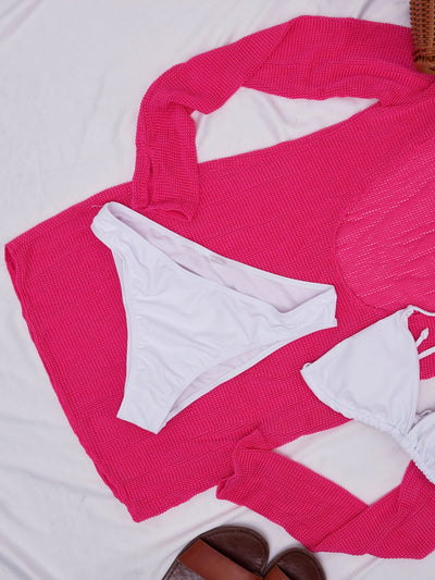 Sayuri Plain Tie Bikini Set and Pink Knit Cover-Up - White - Shopzetu