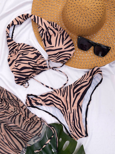 Sayuri Tiger Print Bikini Set with Mesh Skirt - Nude - Shopzetu