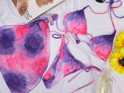 Sayuri Tie-Dye String Bikini Set and Mesh Wrap Skirt - Pink/Purple - Shopzetu