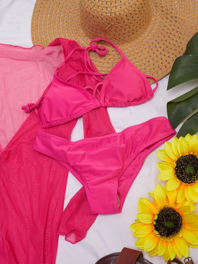 Sayuri Plain Tie Bikini Set and Mesh Cover-Up - Pink - Shopzetu