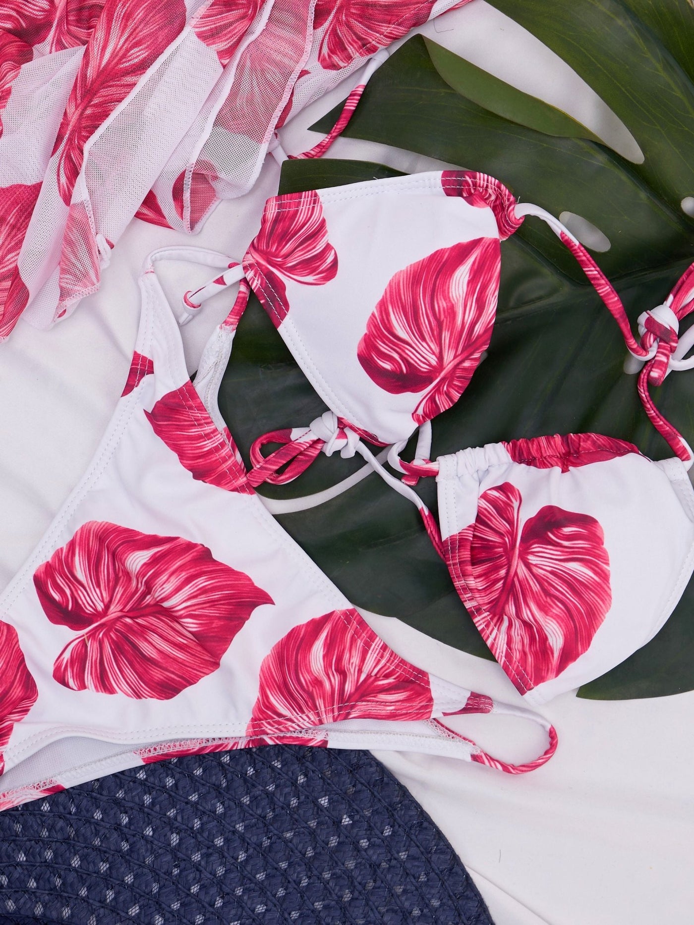 Sayuri Leaf Print Bikini Set with Mesh Dress - Pink - Shopzetu