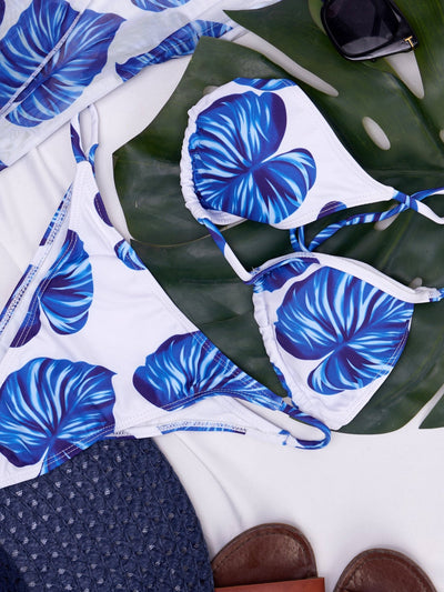 Sayuri Leaf Print Bikini Set with Mesh Dress - Blue - Shopzetu