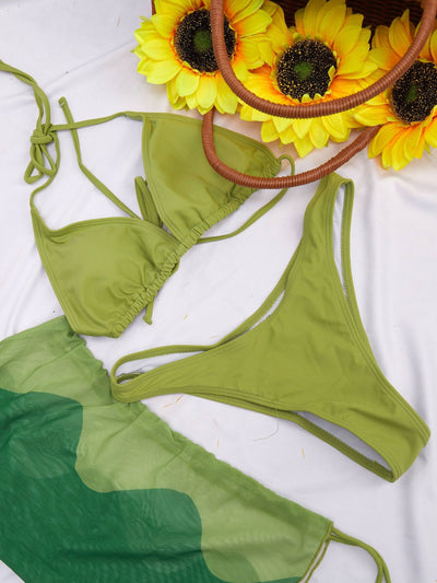 Sayuri Plain Tie Bikini Set and Patterned Mesh Skirt - Olive Green - Shopzetu