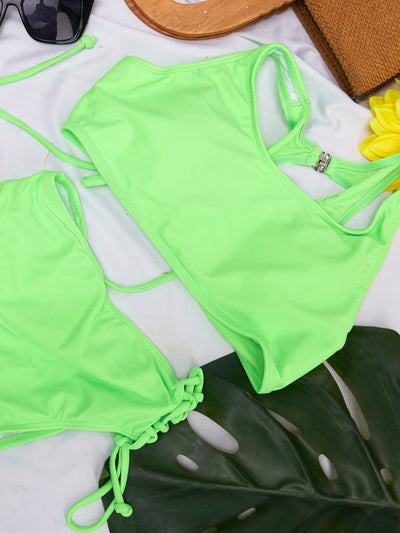 Sayuri Plain Bikini Set with Lace Tie - Neon Green - Shopzetu