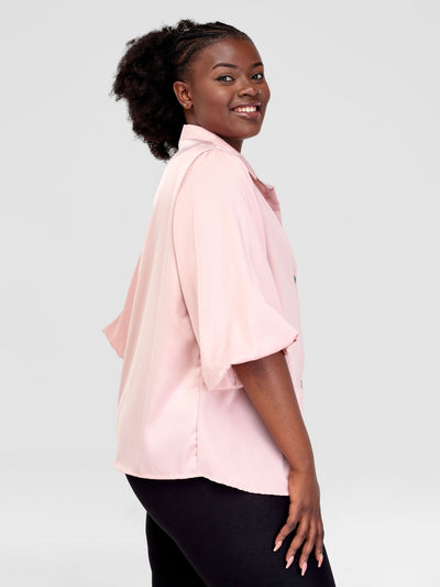 Alara Bubble Sleeve Collared Shirt - Light Pink - Shopzetu
