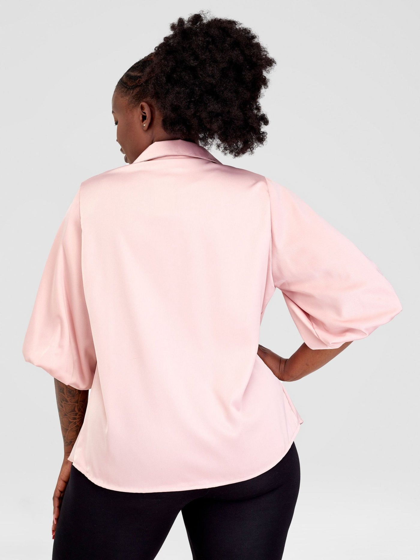 Alara Bubble Sleeve Collared Shirt - Light Pink - Shopzetu