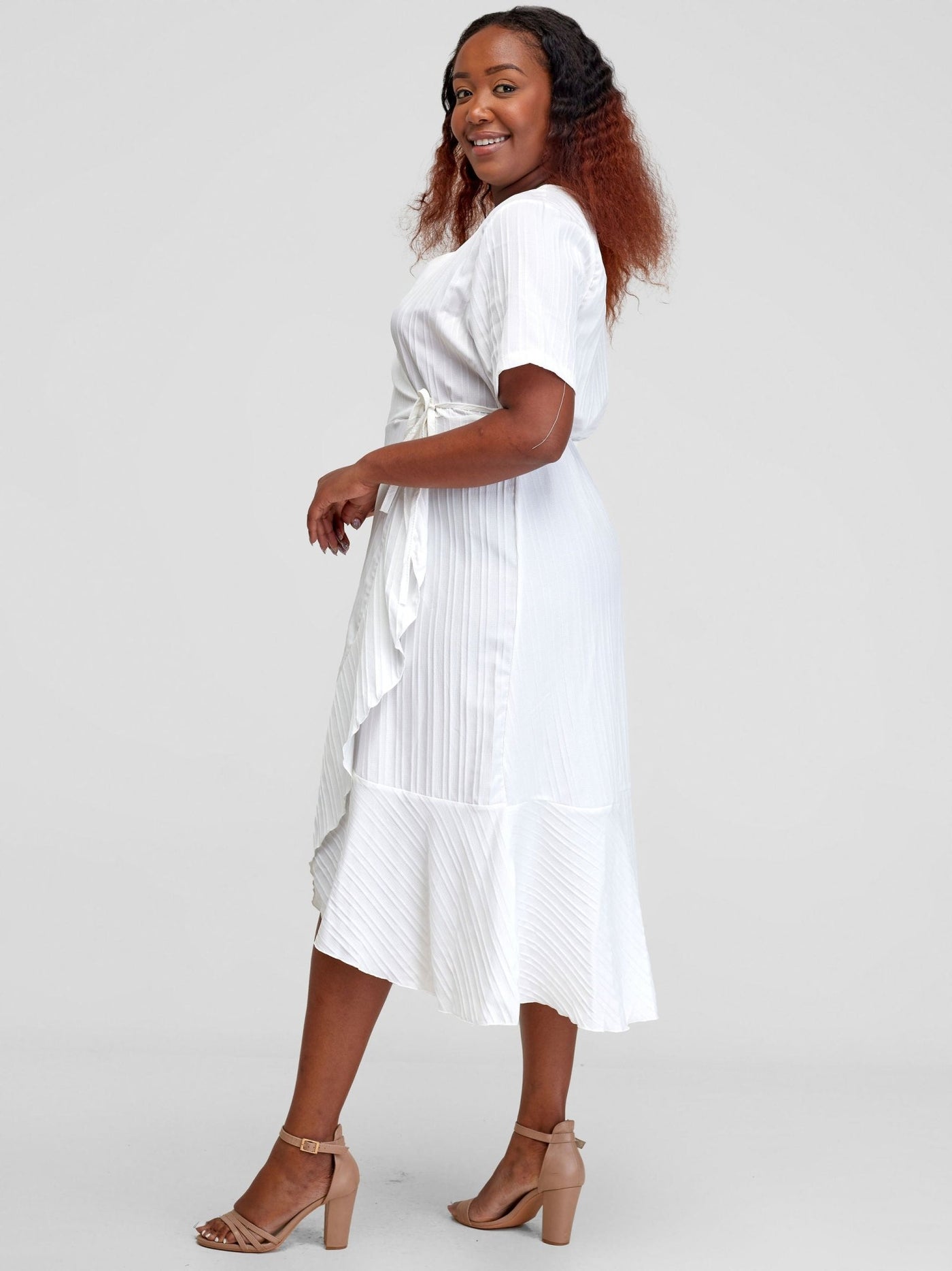 Alara Ruffle Trim Tie Side Wrap Dress - White - Shopzetu