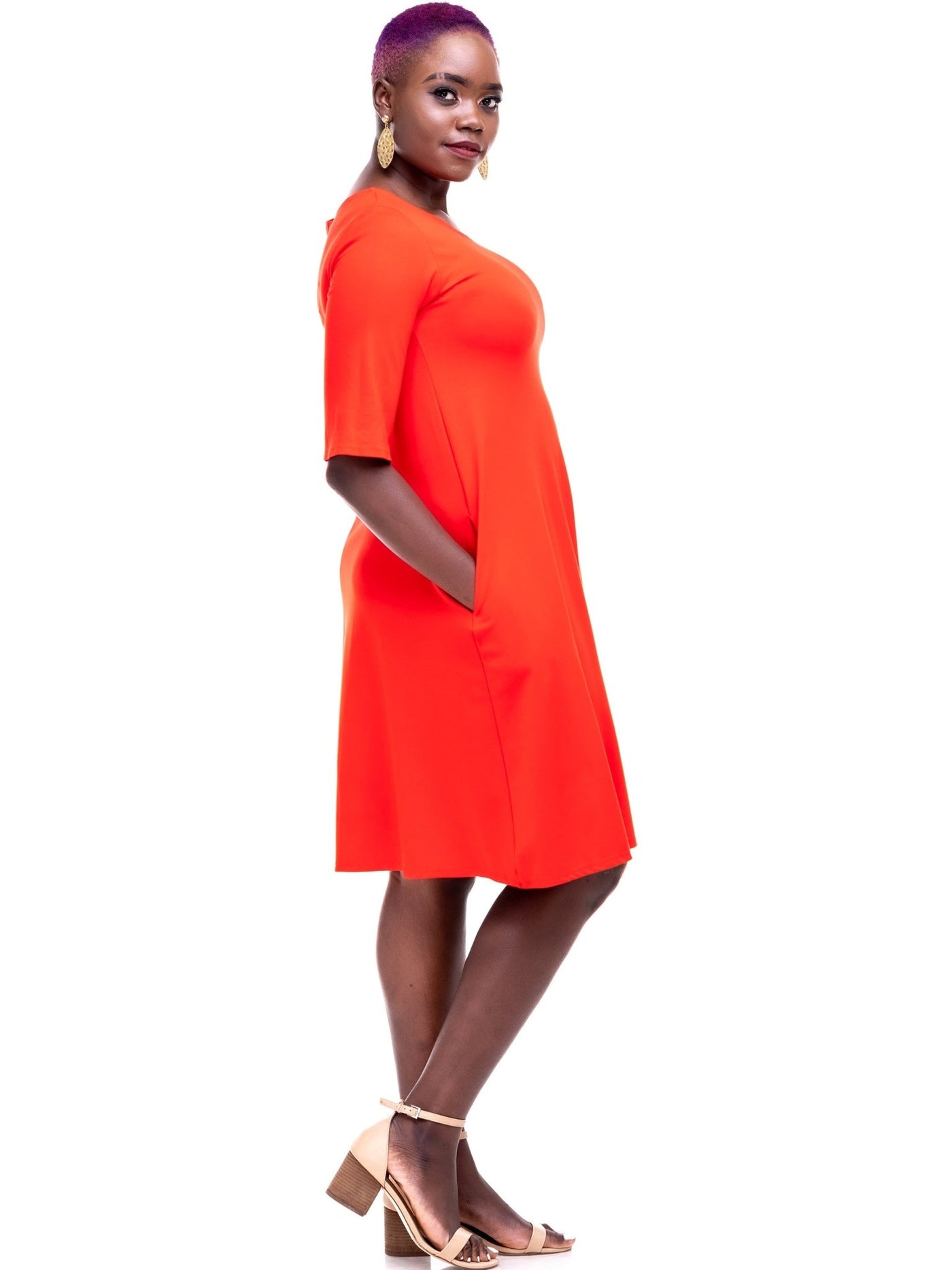 Vivo Basic 3/4 Sleeve Kena Tent Knee Length Dress - Orange - Shopzetu
