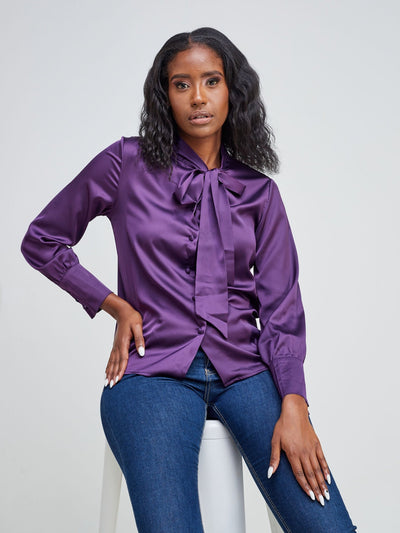 Alara Long Sleeved Button Down Shirt With Neck Tie - Purple - Shopzetu