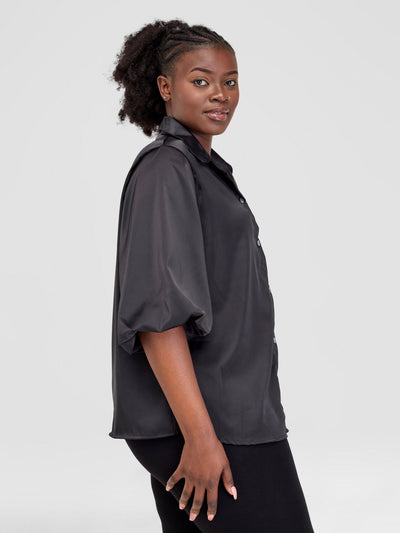 Alara Bubble Sleeve Collared Shirt - Black - Shopzetu