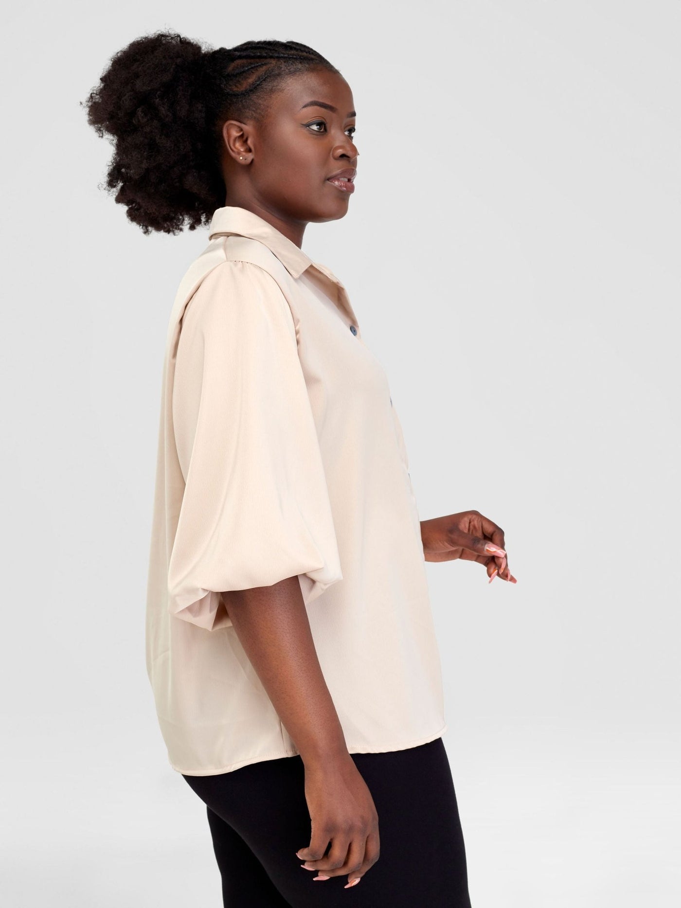 Alara Bubble Sleeve Collared Shirt - Beige - Shopzetu