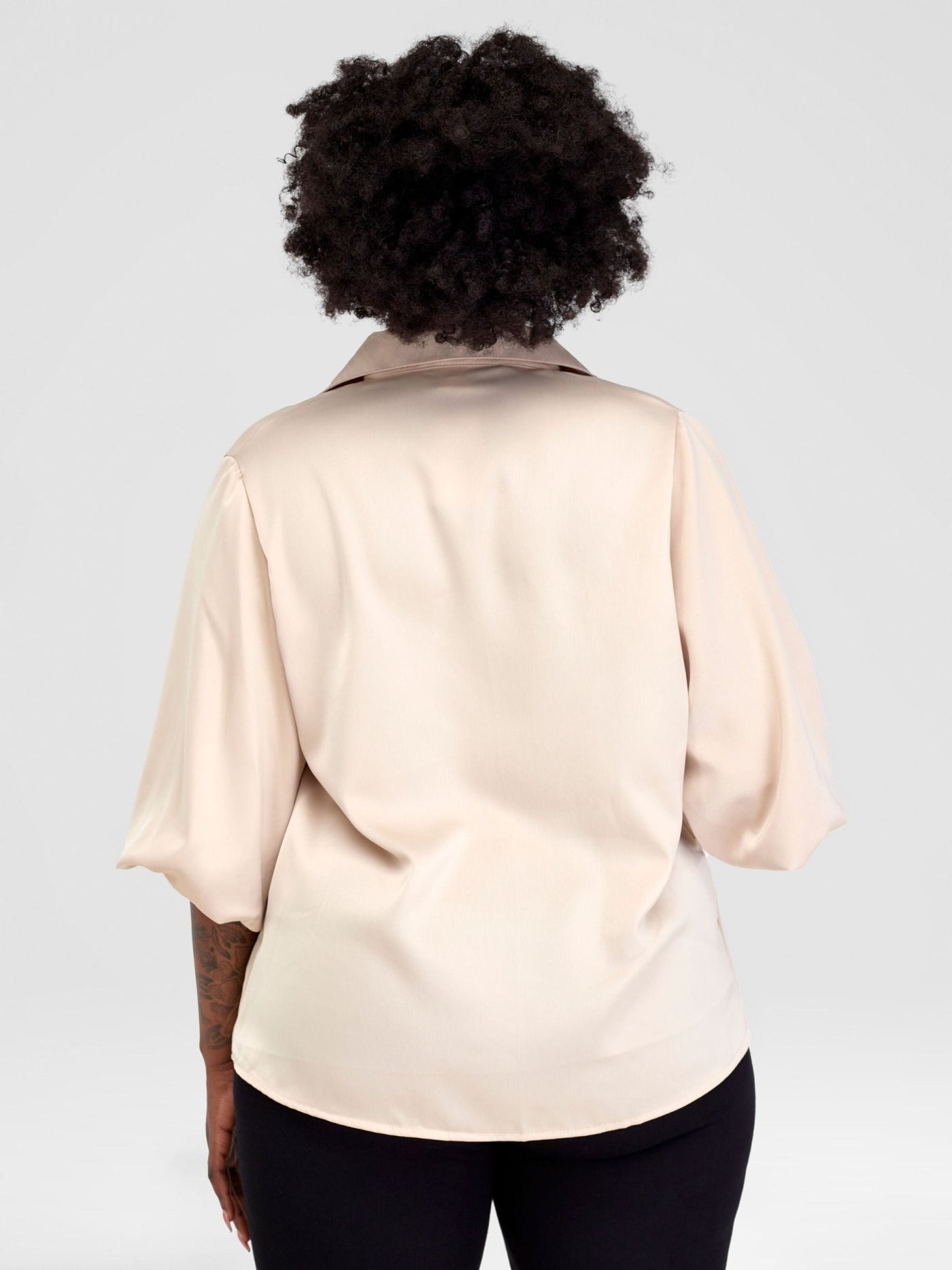 Alara Bubble Sleeve Collared Shirt - Beige - Shopzetu