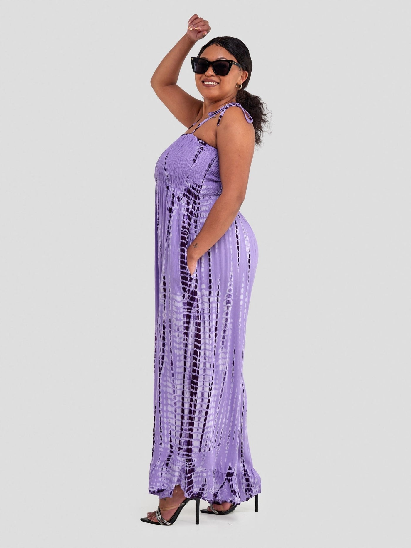 Sayuri Elastic Bust Patterned Jumpsuit with Tie Straps and Pockets - Lilac - Shopzetu