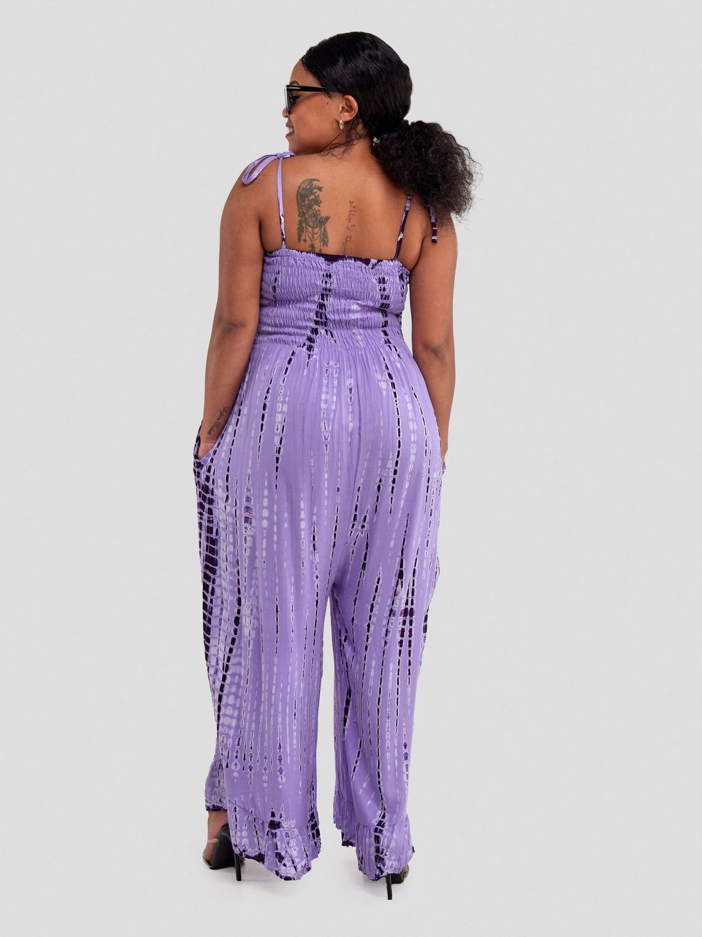 Sayuri Elastic Bust Patterned Jumpsuit with Tie Straps and Pockets - Lilac - Shopzetu