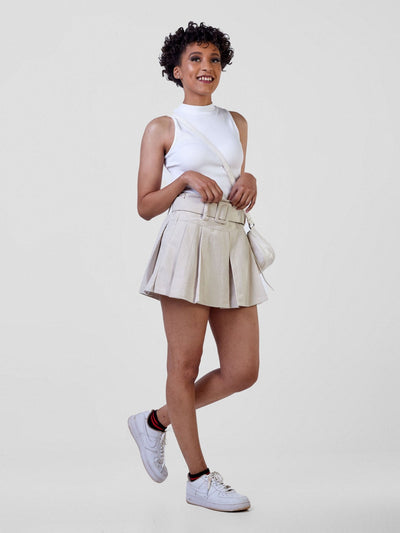 Carrie Wahu X SZ Corduroy Pleated Miniskirt w/s Zipper & Elastic Waist - Beige - Shopzetu