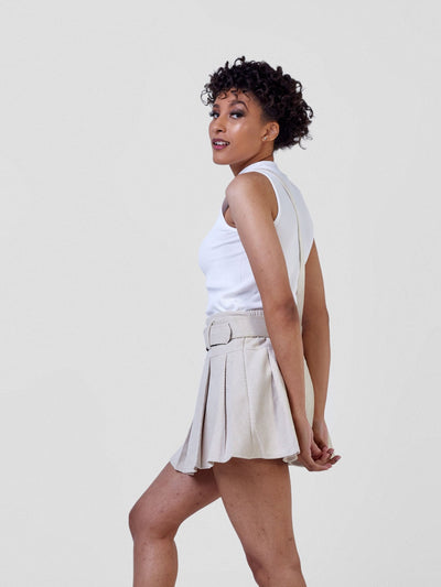 Carrie Wahu X SZ Corduroy Pleated Miniskirt w/s Zipper & Elastic Waist - Beige - Shopzetu