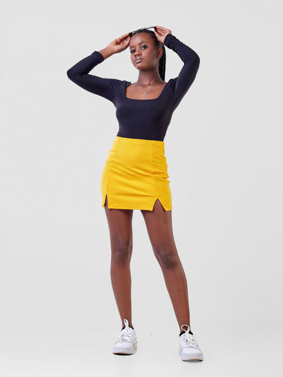 Carrie Wahu X SZ Double Slits A line Mini Skirt - Mustard - Shopzetu