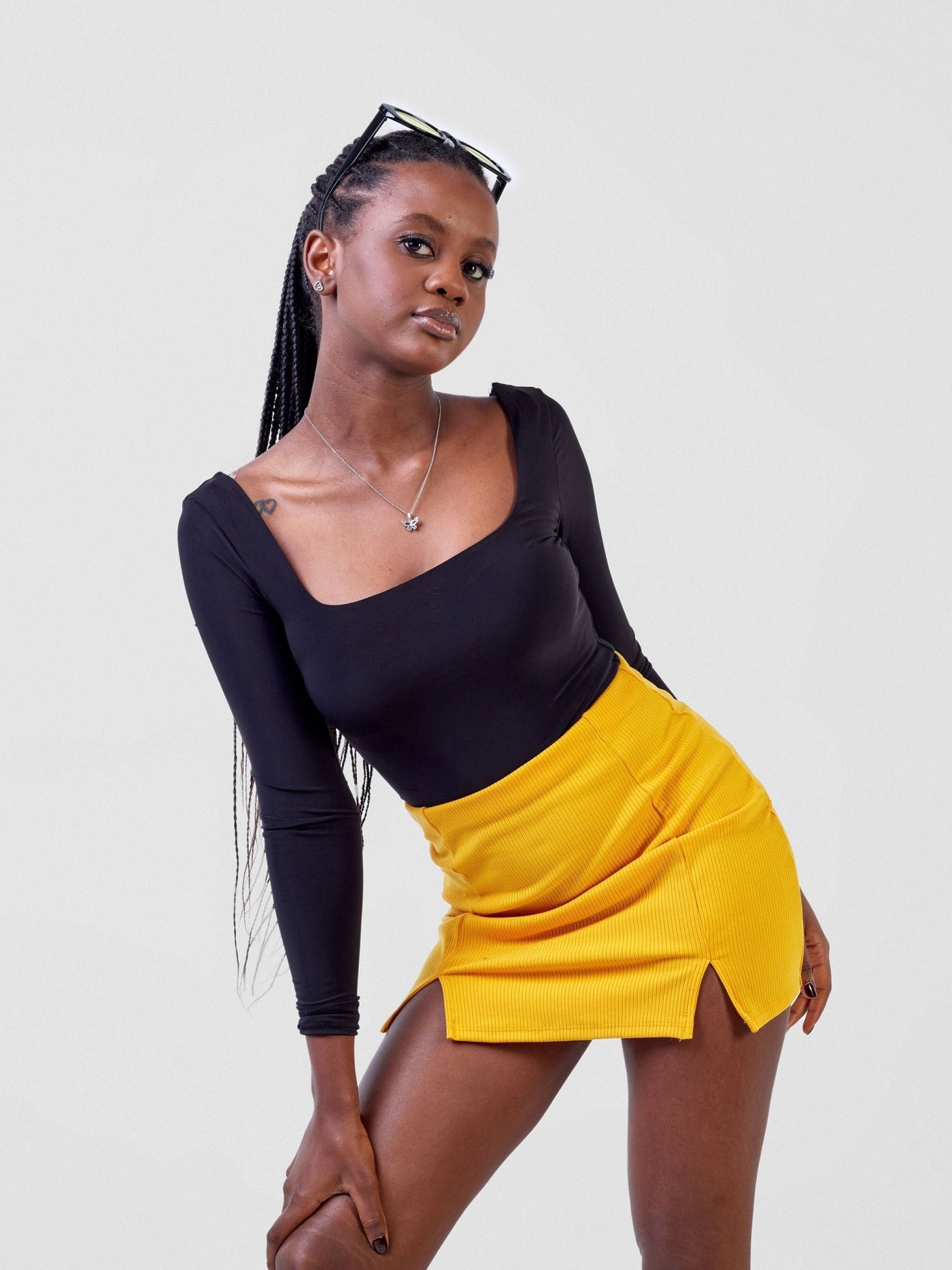 Carrie Wahu X SZ Double Slits A line Mini Skirt - Mustard - Shopzetu