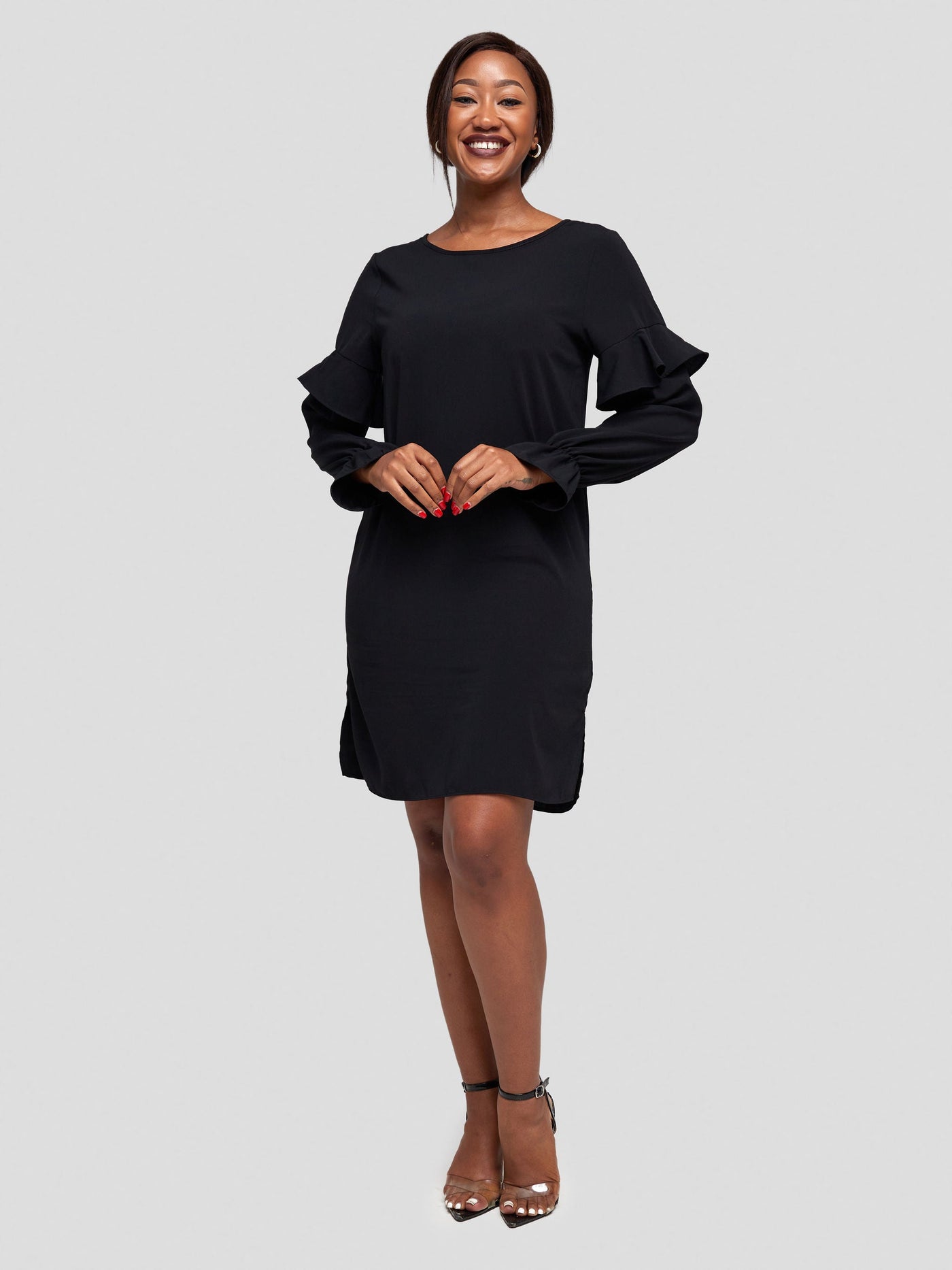 Vivo Ziwa Ruffle Long Sleeve Shift Dress (Petite) -  Black