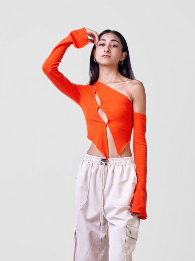 Carrie Wahu X SZ Long Sleeved Asymmetrical Cutout Crop Top - Orange - Shopzetu