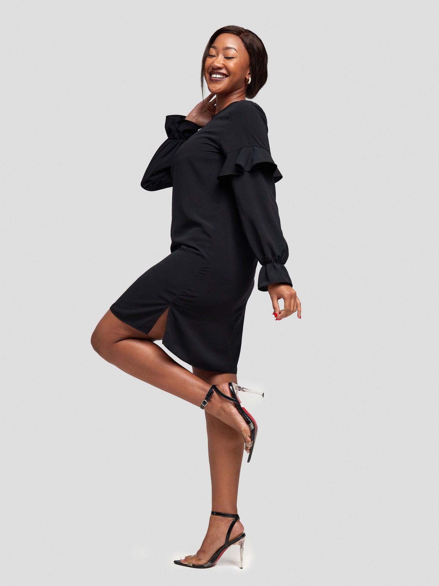 Vivo Ziwa Ruffle Long Sleeve Shift Dress (Petite) -  Black