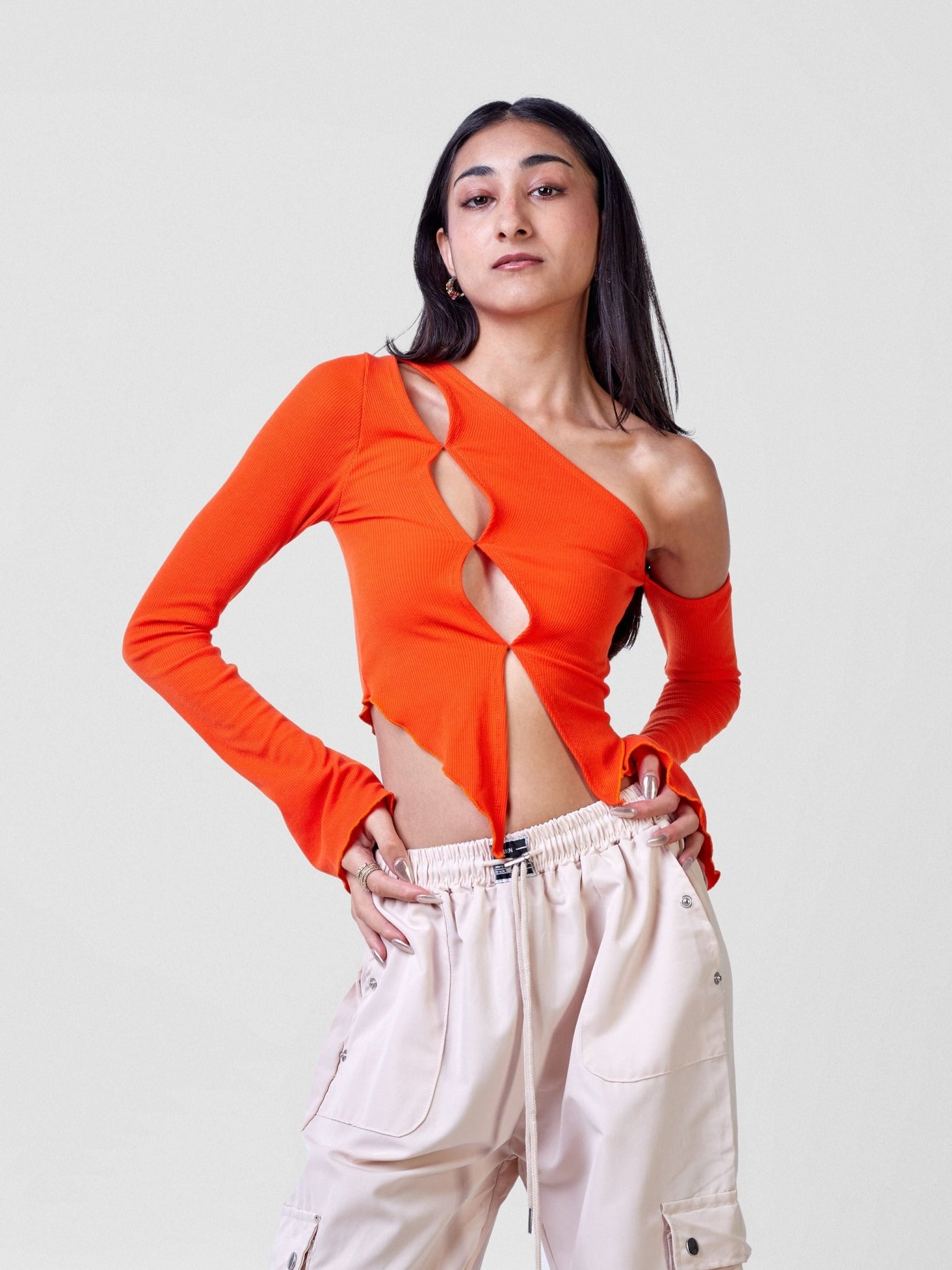 Carrie Wahu X SZ Long Sleeved Asymmetrical Cutout Crop Top - Orange - Shopzetu
