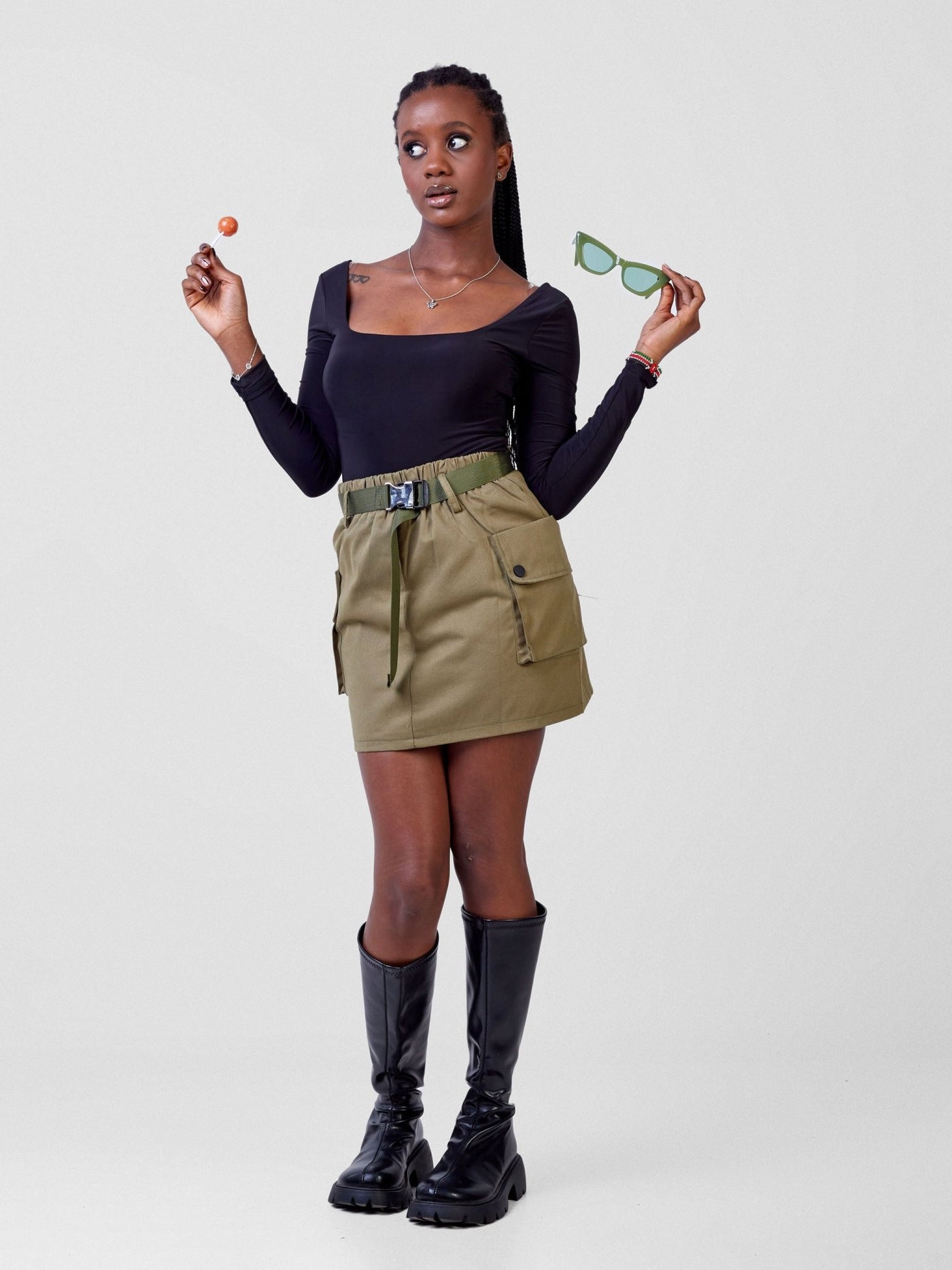 Carrie Wahu X SZ Vintage Highwaisted Large Pockets Cargo Mini Skirt - Green - Shopzetu