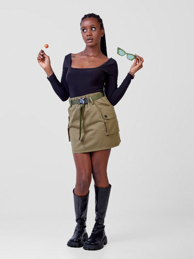 Carrie Wahu X SZ Vintage Highwaisted Large Pockets Cargo Mini Skirt - Green - Shopzetu