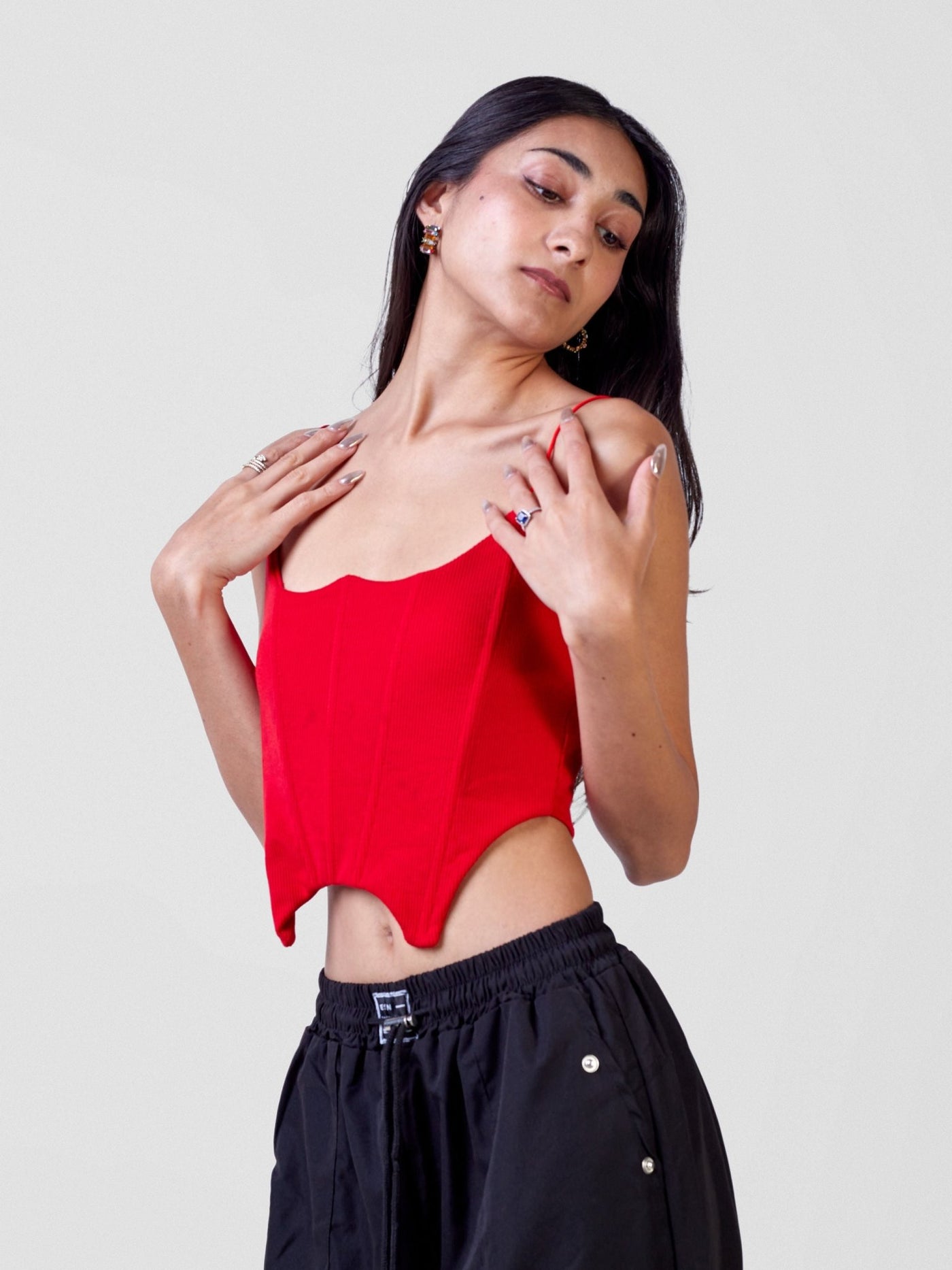 Carrie Wahu X SZ Seam Detailed Corset Crop Top With Asymmetrical Hem& Thin Straps - Red - Shopzetu