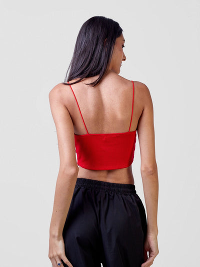 Carrie Wahu X SZ Seam Detailed Corset Crop Top With Asymmetrical Hem& Thin Straps - Red - Shopzetu