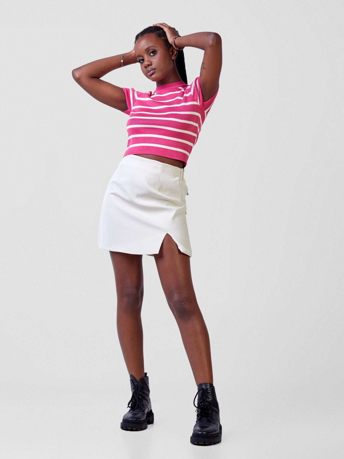 Carrie Wahu X SZ High Waisted Side Slit Mini Skirt - Cream - Shopzetu
