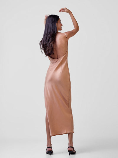 Carrie Wahu X SZ Long Satin Double Strap Dress - Tan - Shopzetu