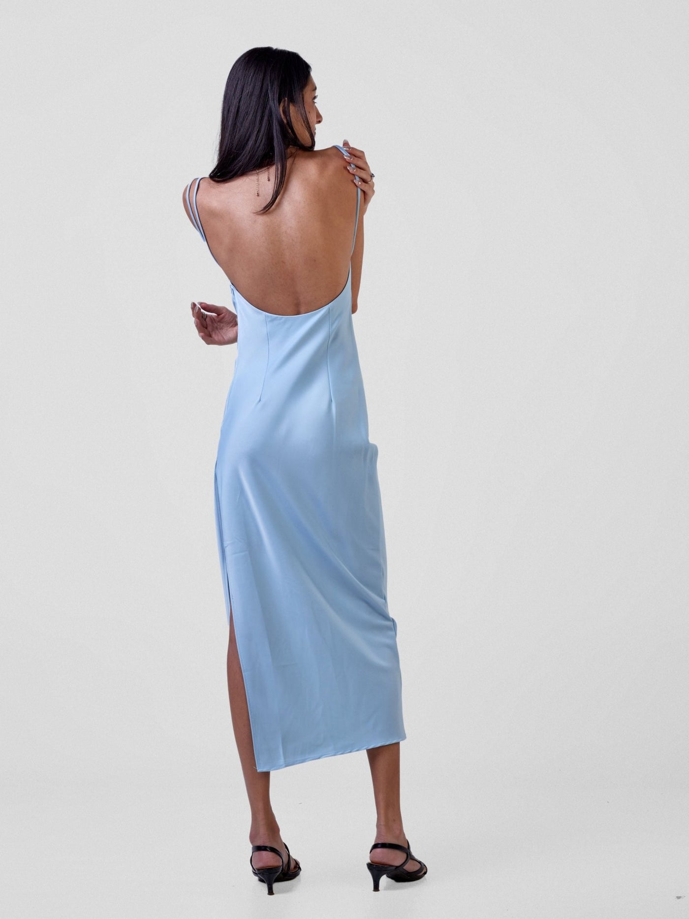 Carrie Wahu X SZ Long Satin Double Strap Dress - Light Blue - Shopzetu